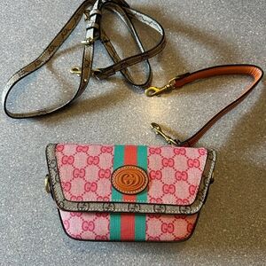 GUCCI Pink GG Canvas Crossbody with Green-Red Stripe and Leather Trim